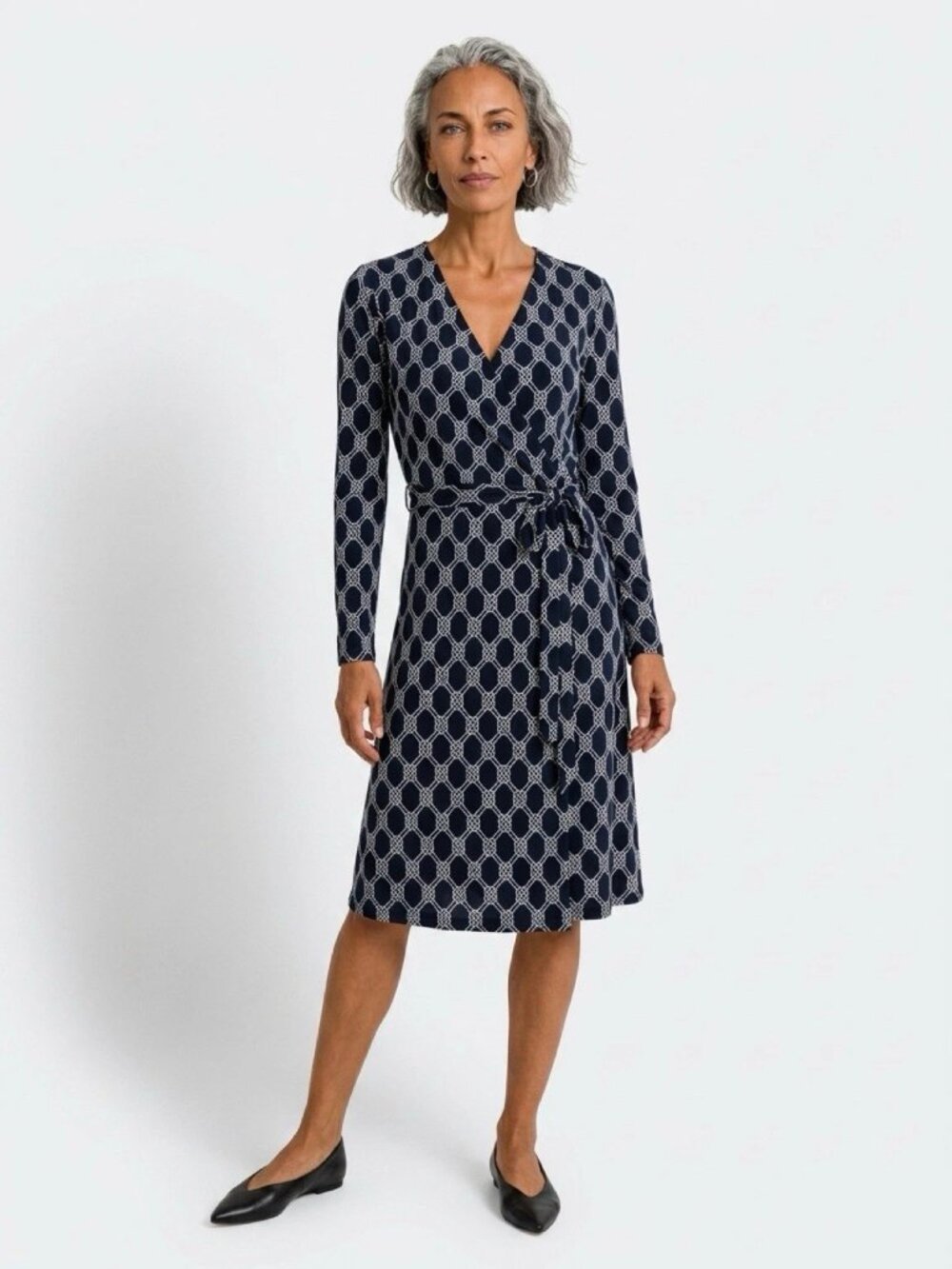 JONES NEW YORK SIGNATURE Navy Blue Geometric Long Sleeve Wrap Dress Sz L